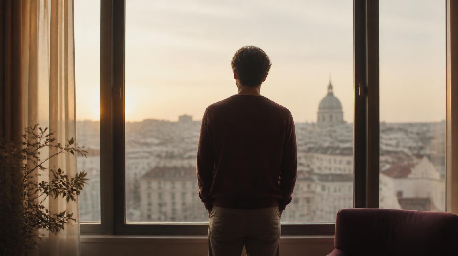 Bărbat la fereastră, privind orașul în zori: momentul în care întrebarea «cine sunt» nu mai poate fi amânată